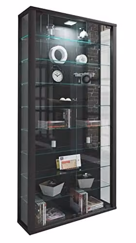 VCM Lumo Maxi Vitrinekast met glazen deuren, Zwart, B: 59 cm, H: 113 cm, D: 26 cm