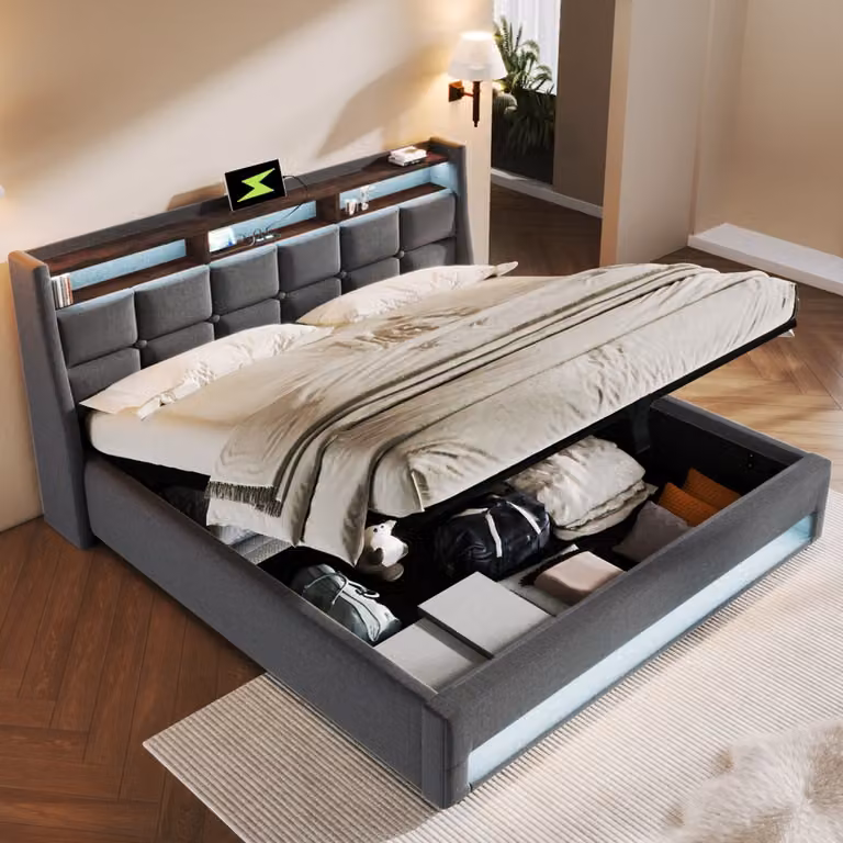 HAUSS SPOLE Gestoffeerd Bed met Ledverlichting, USB en Opbergruimte - Grijs Linnen - B/D/H: 140 x 200 cm