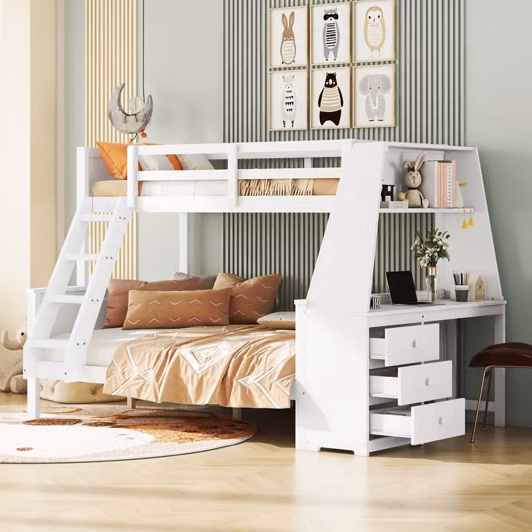 Wishdor Stapelbed voor kinderen met bureau, boekenkast en 3 lades - Wit - Grenen & MDF - B/D: 90/140 x 200 cm