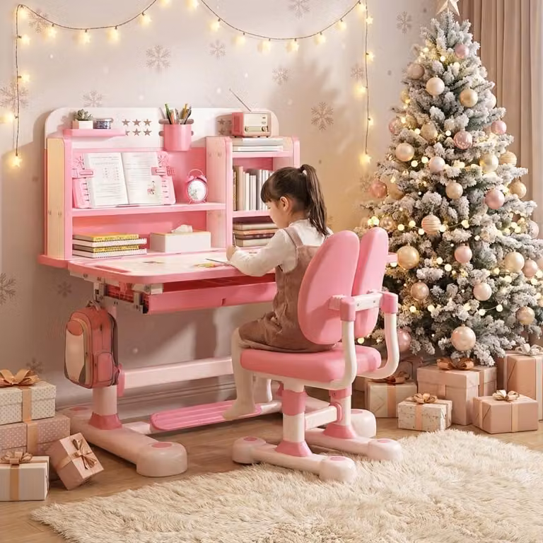 In hoogte verstelbaar kinderbureau met stoel en studie set in het roze, Breedte: 80 cm