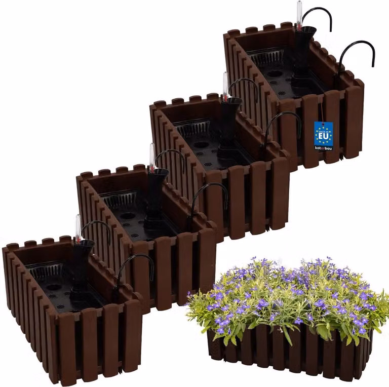 KOTARBAU Set van 4 Bruine Balkonbakken met Zelfbewaterend Systeem en Houder, Kunststof, B/D/H: 38 x 18 x 16 cm