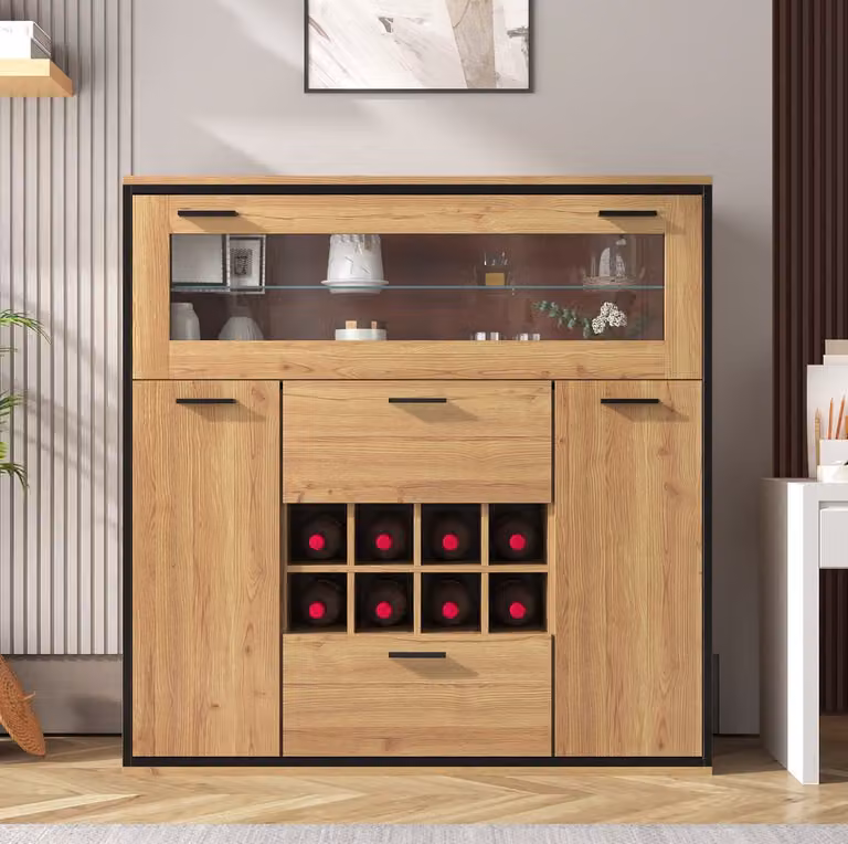 COVREO dressoir met 2 deuren, wijnrek, glasvak en LED-verlichting, B/D/H: 110 x 38 x 111 cm