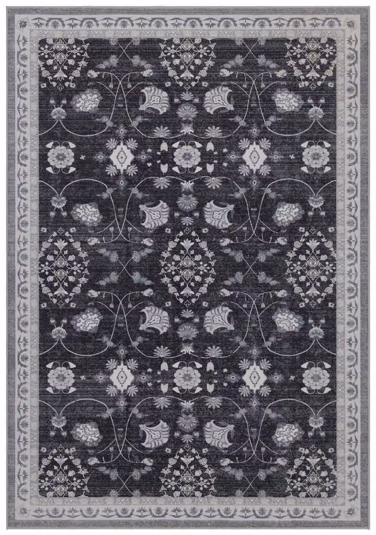 Inka Vintage Vloerkleed met Bloemenpatroon - Zwart - 80 x 150 cm