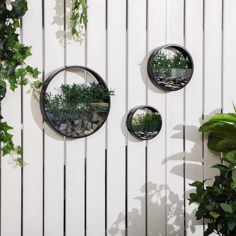OKWISH Wandbloempot Set van 3 – Rond en Stapelbaar – Metaal – Zwart – Voor Binnen en Buiten – Ø30,5/20,5/15,5 x 5 cm