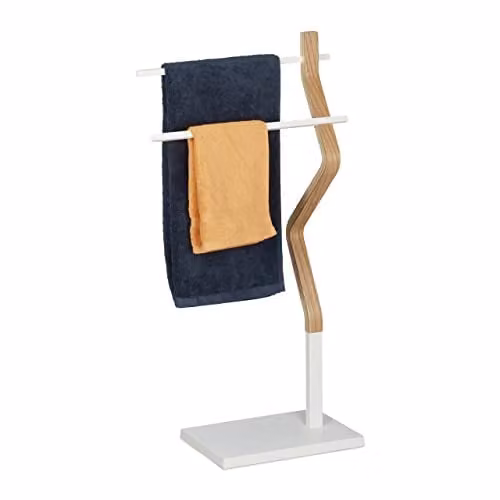 Relaxdays Handdoekenrek staand met 2 stangen, hout en metaal, wit/bruin, Hoogte: 85 cm, Breedte: 43,5 cm, Diepte: 20 cm