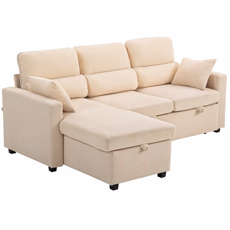 HOMCOM verstelbare L-vormige slaapbank met opbergruimte en kussens, beige, omkeerbare chaiselongue