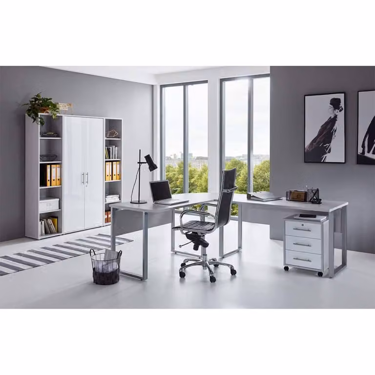 home24 Bureauset II 5-delig grijs/lichtgrijs/hoogglans wit