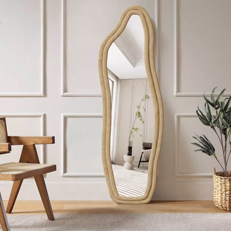 Dolfijnspiegels Moderne Staande Spiegel met Fluweelrand in Geel, H 165 x B 50 cm