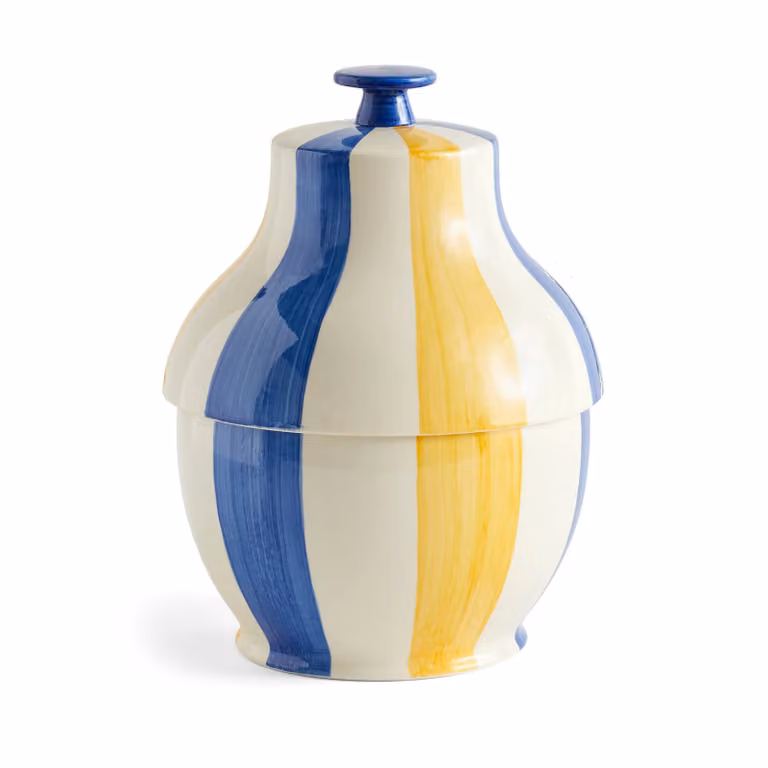 HAY Sobremesa gestreepte koektrommel van keramiek, blauw-geel, Ø 19 cm