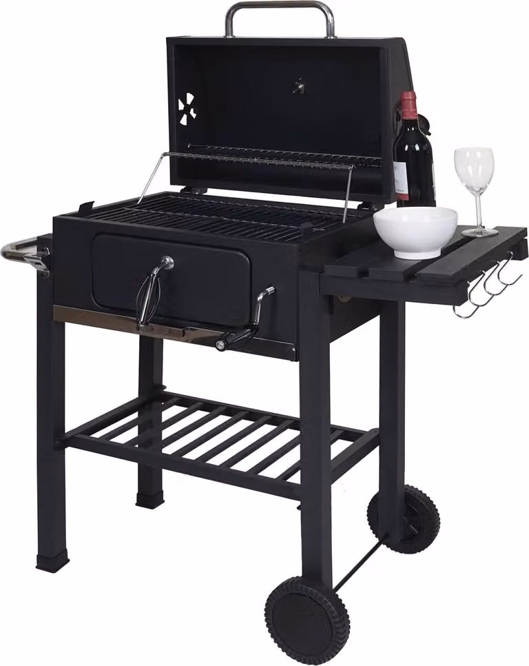 Mendler Grillwagen HWC-K93 Houtskoolgrill met deksel en opbergvakken, Zwart, B: 110 cm, D: 100 cm, H: 51 cm