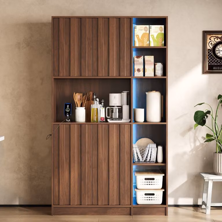 MEUNIQ Keukenkast met LED, stopcontact en USB, 2-deurs kast met open vakken, kruidenrek en wijnrek, Walnoot, B/D/H: 105 x 40 x 180 cm