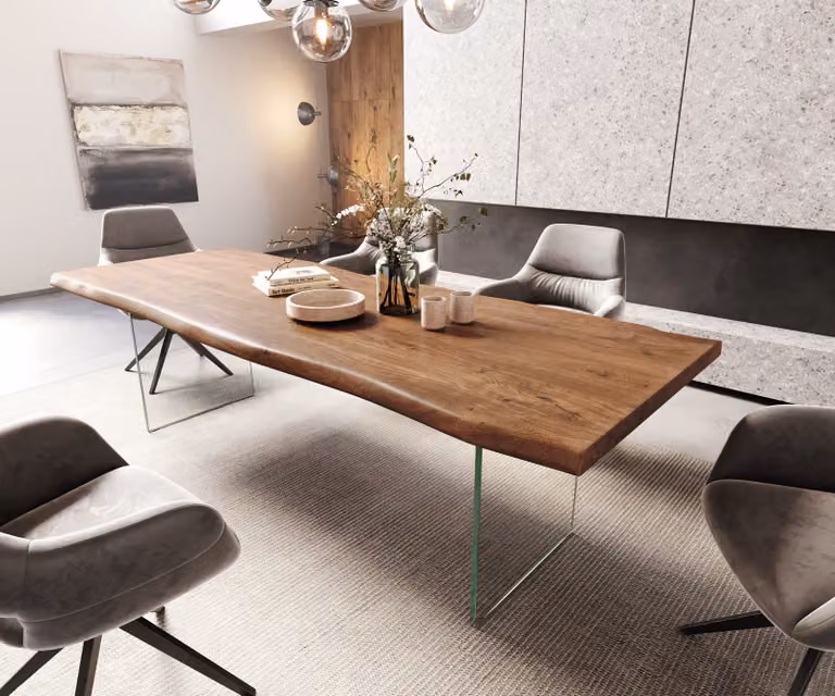 DELIFE Eettafel Edge XL met acacia hout en glas, Bruin en Transparant, B: 260 cm, D: 100 cm, H: 76,5 cm