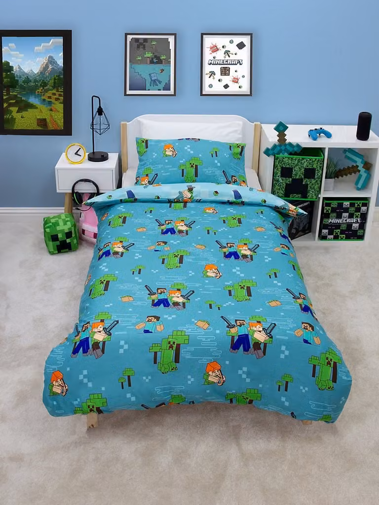 Minecraft Level Up Dekbedovertrek voor kinderen – Eenpersoons – 140 x 200 cm – Turquoise/Blauw