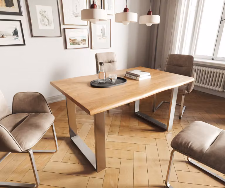 DELIFE Eettafel Edge van acacia hout in natuur en zilver, B/D/H: 140 x 90 x 74,5 cm