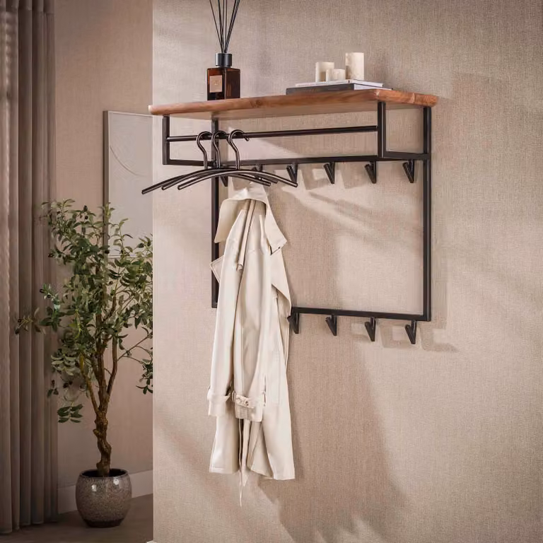 WoonStijl Kapstok Edge Curve met 12 haken, Acacia hout en metaal, Bruin/Brons