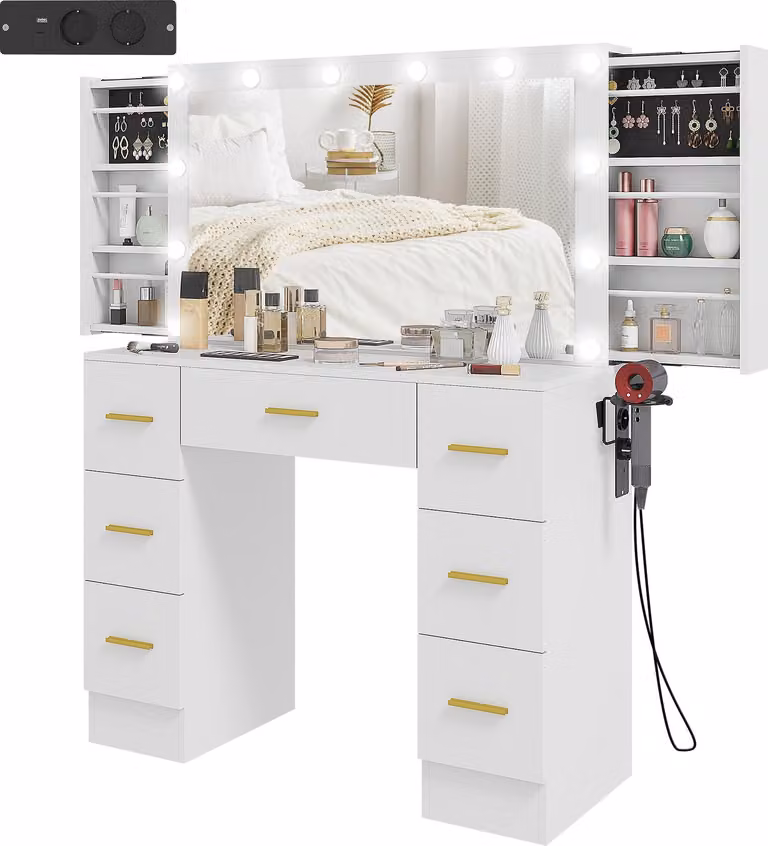 HOMCOM Schminktafel met LED-verlichting en spiegel, 7 lades, wit, B/D/H: 137 x 40 x 40 cm