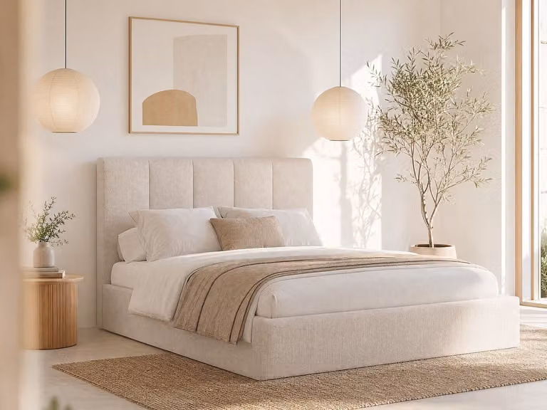 KILACLO Bed met opbergruimte en hoofdbord met verticale naden - Beige - 160 x 200 cm