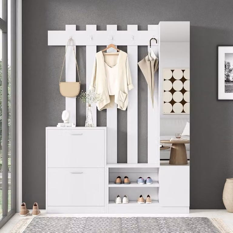 Wit Entreekast Set met Spiegel en 5-in-1 Functie voor Hal en Organisatie - B/D/H: 135 x 25 x 180 cm
