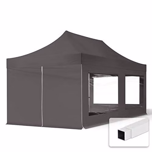 TOOLPORT Easy Up Partytent met 4 zijwanden en panoramavensters, Grijs, 3 x 6 m