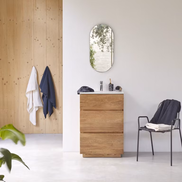 Tikamoon Badkamermeubel Karl van massief eiken en Moon Premium Terrazzo, Naturel - Breedte: 60 cm, Hoogte: 90 cm, Diepte: 46 cm