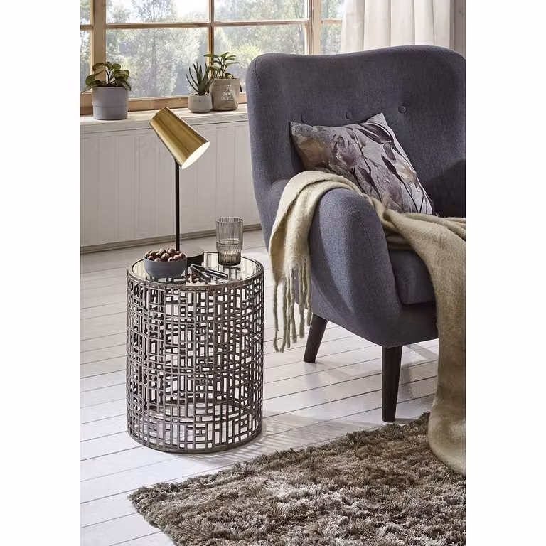 HAKU Bijzettafel Art Deco brons metaal met glas, H 45 cm x Ø 38 cm