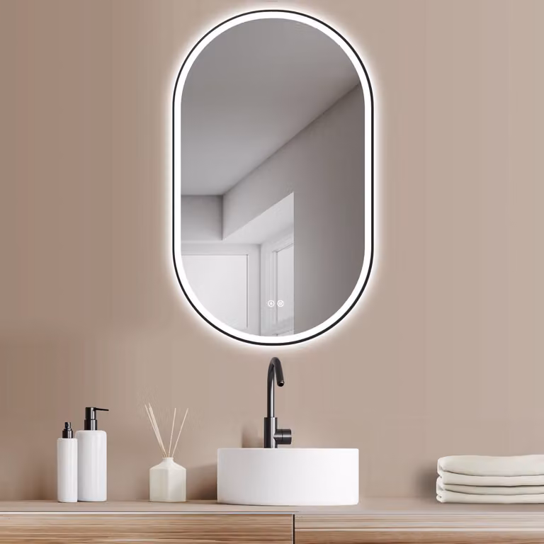 PonteSino Badkamerspiegel Ovaal met Zwart Frame, Anti-condens en Directe Verlichting met Instelbare Kleurtemperatuur en Memory-functie, IP44