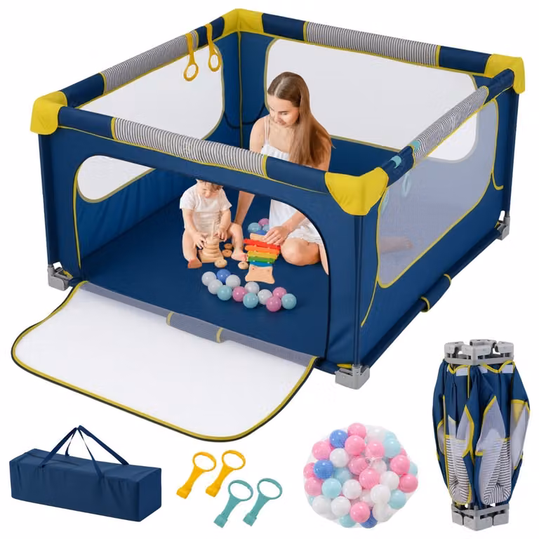 Costway Opvouwbaar Babylooprek Blauw met 50 Ballen, 4 Handvatten en Ritsdeur, B/D/H: 127 x 127 x 72,5 cm