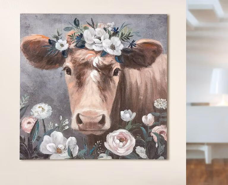 home24 Canvas Wanddecoratie Bloemen Koe Multicolour B/D/H: 90 x 90 x 2 cm