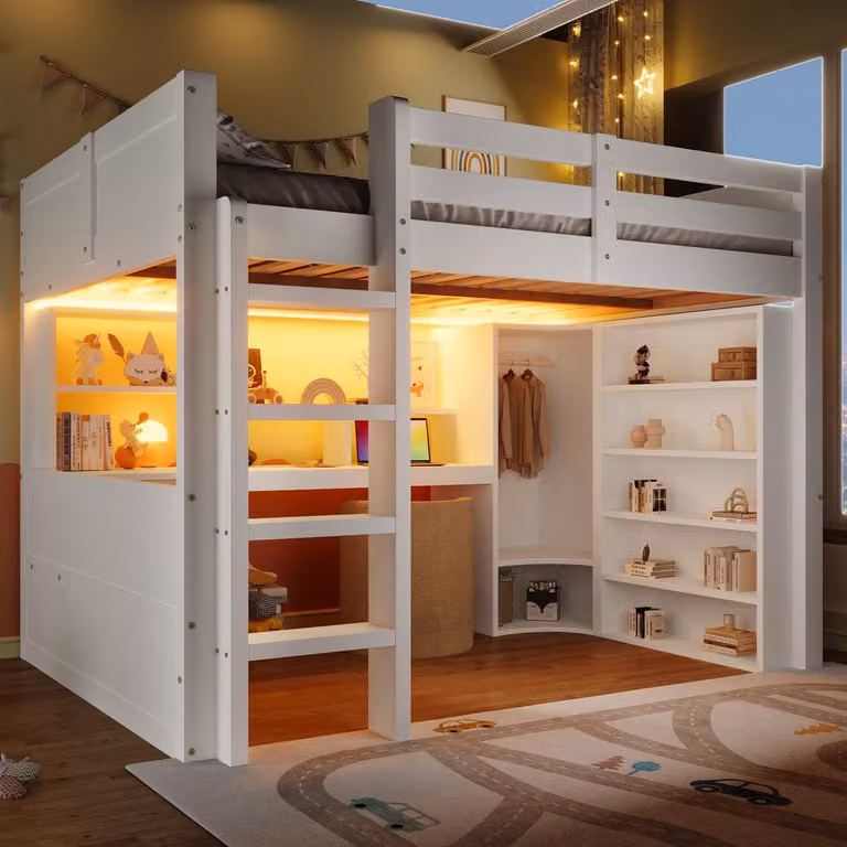Wishdor Hoogslaper met Bureau, Kledingkast en 3 Lades, Wit Hout, 140 x 200 cm