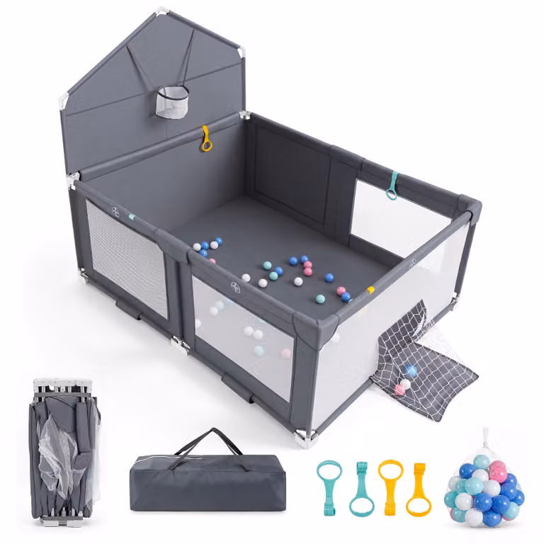 Costway Vouwbaar Babypark voor kinderen van 0-3 jaar, Donkergrijs, 223 x 150 cm