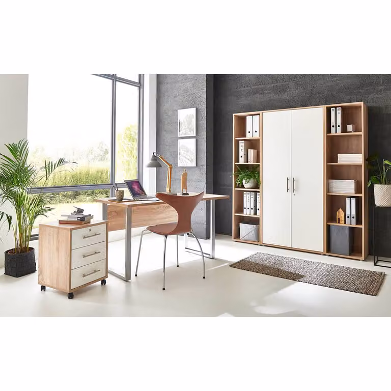 home24 Bureauset VI 5-delig in beige en wit met eikenhouten look