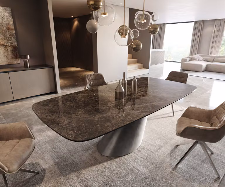 DELIFE Eettafel Edge Boot Keramiek Emperador Extra Lucidato Donkerbruin met Zilveren Cono Metallic Onderstel B: 240 cm, D: 120 cm, H: 76 cm