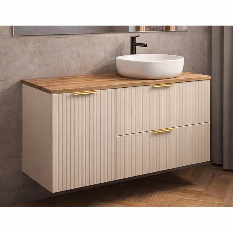 Lomadox Badkamerwastafel met gegroefd front en wasmand in kasjmier en eikenhout, Breedte: 100 cm
