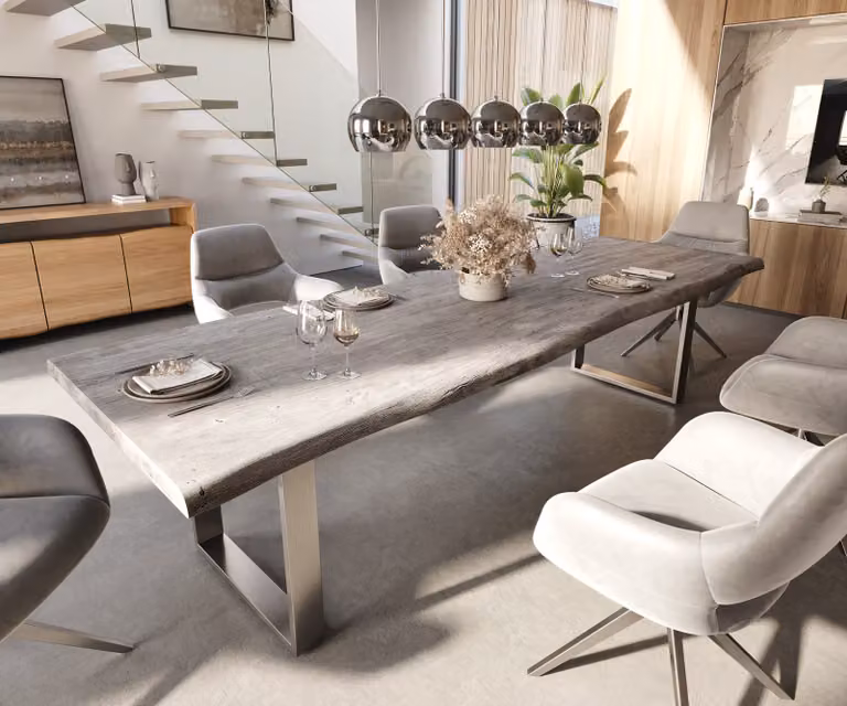 DELIFE Eettafel Edge Live-Edge Acacia en Roestvrijstaal - Platina - B: 300 cm, D: 100 cm, H: 76,5 cm