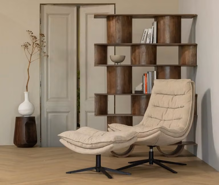WOOOD Kube Draaifauteuil met Hocker - Chenille stof - Bruin/Beige