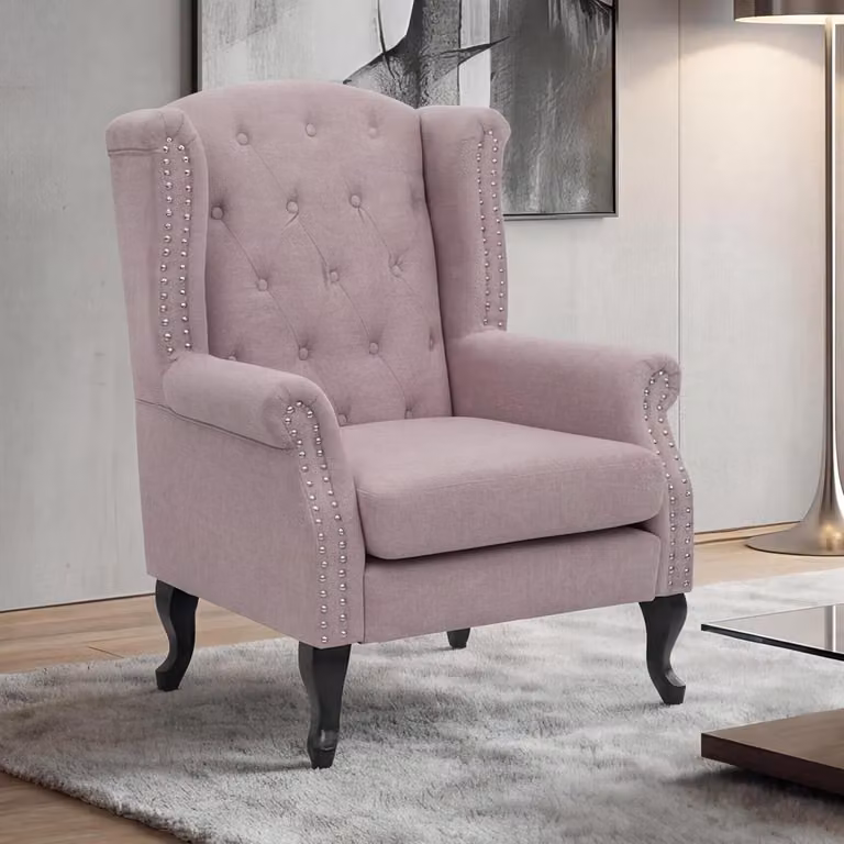 Lichtroze Chesterfield Oorfauteuil met Voetenbank en Waterafstotende Stof