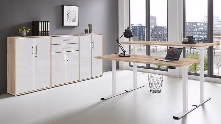 home24 Kantoorset 3-delig, Bruin Sonoma eikenhout en Hoogglans Wit, B/D/H: 160 x 70 x 67 cm