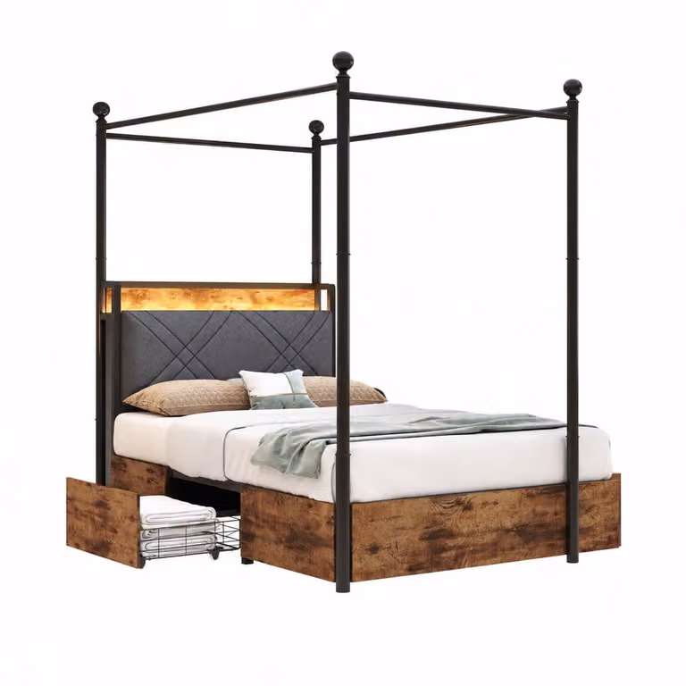 WUVRIE Hemelbed met opbergruimte, LED-verlichting en USB-C aansluiting, zwart, B/D: 90 x 190 cm