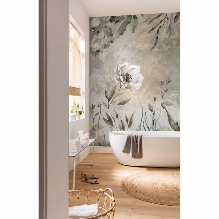 home24 Vlies-fotobehang Petite Brise, Modern Bloemenmotief, Multicolore en Groen, B: 300 cm, H: 280 cm