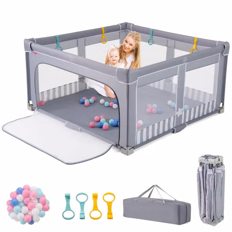 Costway Babybox met opvouwbaar peuterveiligheidshek, ritssluiting, 50 zeeballen en 4 hijsringen, grijs