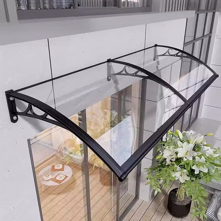 Moderne waterdichte regenhoes luifel met polycarbonaat dak en aluminium frame, Transparant, B/D: 80 x 90 cm