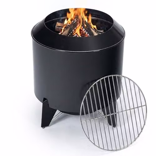 Relaxdays 2-in-1 rookloze vuurschaal met grillrooster, zwart en zilver, geëmailleerd staal