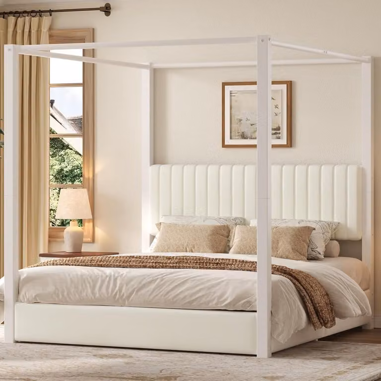 Gestoffeerd Hemelbed met Uitschuifbed en Geïntegreerde Laden - Wit - 180x200 cm