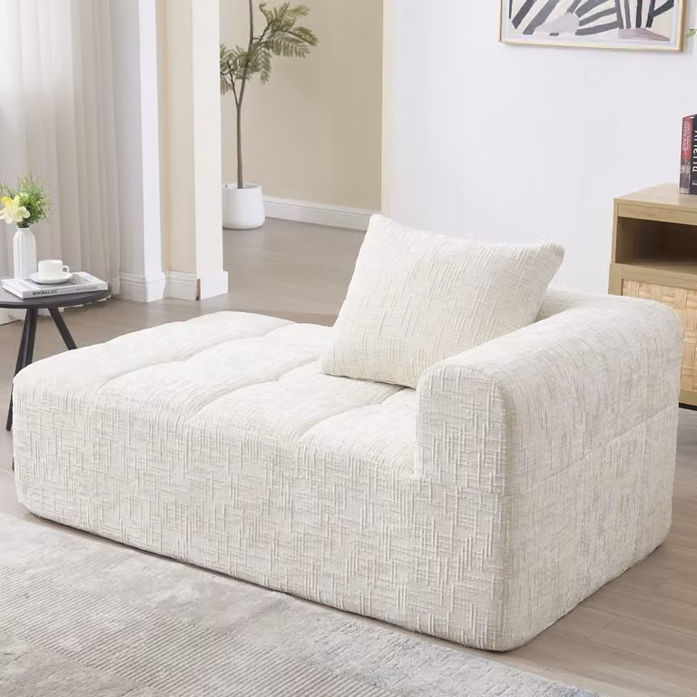 FloraGrace Chaise Longue Bank met kussens en zijvakken in beige chenille voor de woonkamer of slaapkamer