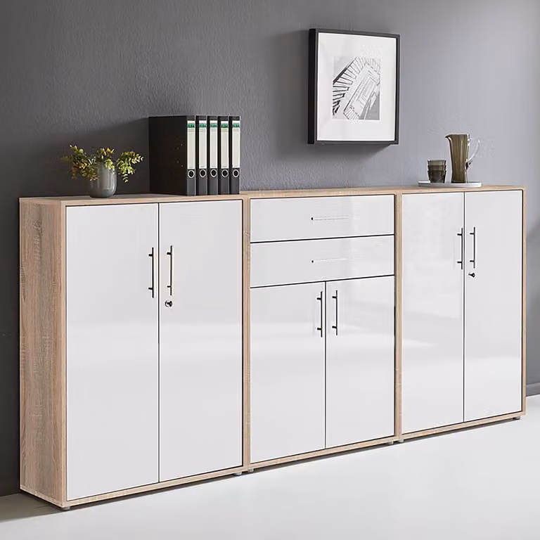 home24 Kastenset 3-delig C, Bruin Sonoma Eiken en Hoogglans Wit, B/D/H: 114 x 33 x 85 cm