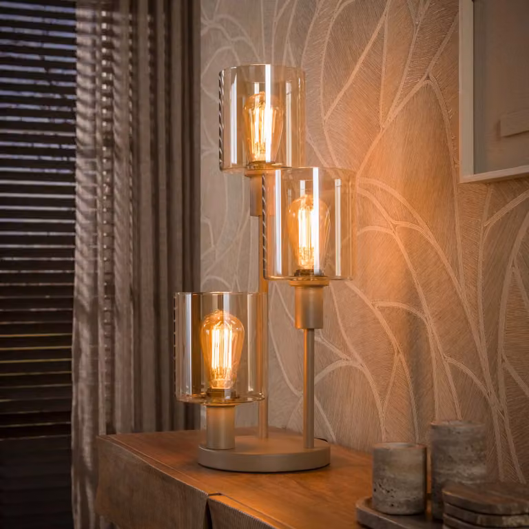 WoonStijl Tafellamp Sepiora Beige met Amber Kleurige Glazen Kap en Dimbare LED-mogelijkheid