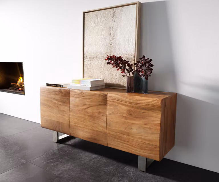 DELIFE Dressoir New Live-Edge acacia natuur met 3 deuren en sledepoot RVS geborsteld, Breedte: 145 cm
