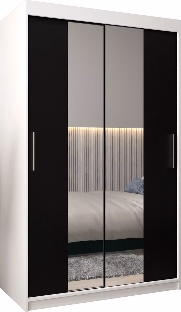 InspireMe TORM I 120 Kledingkast met 2 schuifdeuren en 2 lades, Wit Mat + Zwart, B/D/H: 120 x 62 x 200 cm