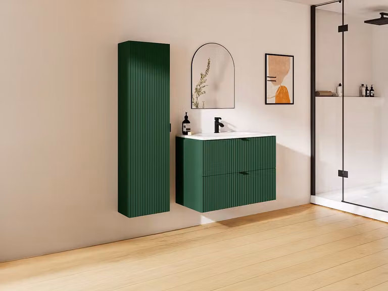 ZEVINI Gestreept hangmeubel voor badkamer met inbouwwastafel en kast - Mat groen/wit - B: 80 cm, D: 47 cm, H: 60 cm
