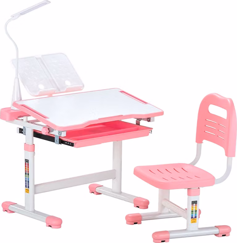 VEVOR Kinderbureau en stoel set in roze met verstelbare hoogte en kantelbaar blad